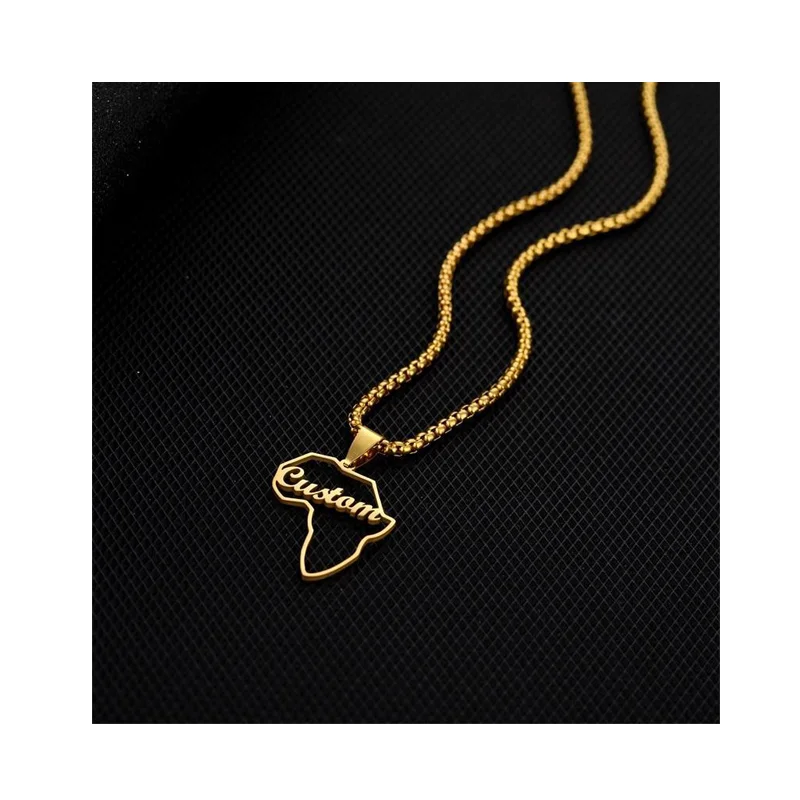 Personalized Name Necklace Stainless Steel Jewelry PVD 18K Gold Plated Popcorn Chain African Map Custom Name Pendant Necklace