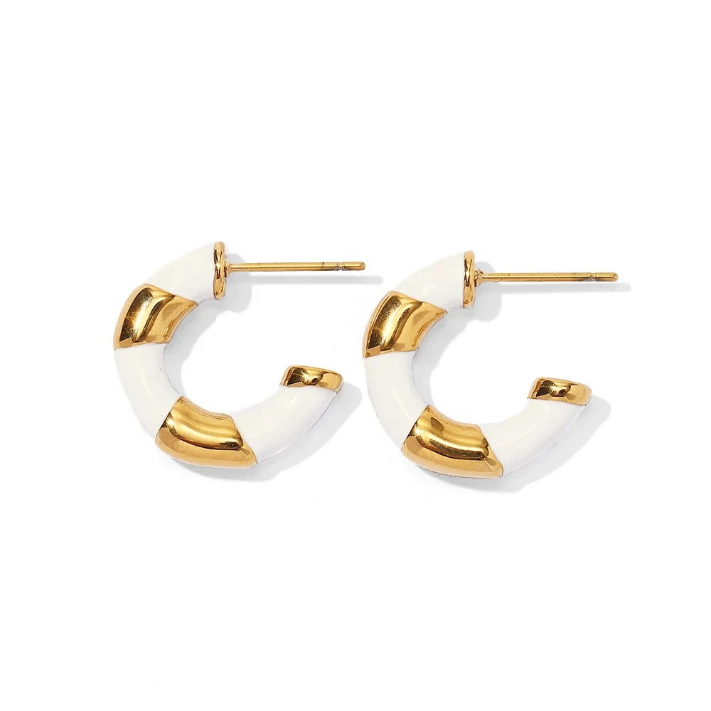 

18k Gold Plated Stainless Steel White Enameled Contrast Color C Shape Hoop Earrings Popular Style