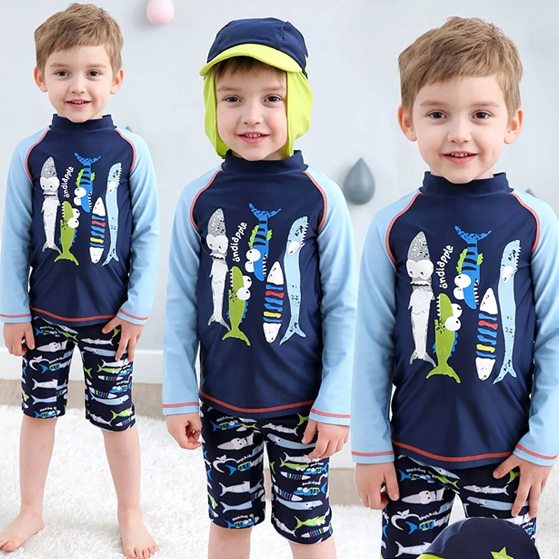 

Wholesale Printed boys Sunsuit Swimsuit Sets UPF 50+ Boys Two Piece Rash Guard with sun hat