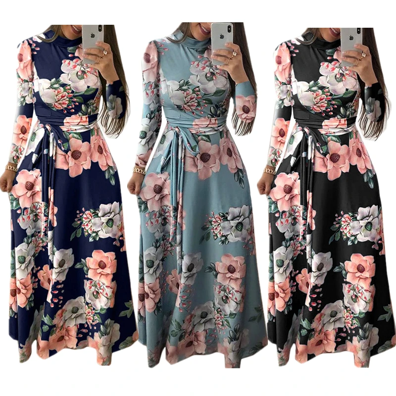 

2021 New Style Floral Print Grandes Tailles Casual Fashion Large Swing Ladies Clothing High Collar Larg Plus Size Dress, 3 colors