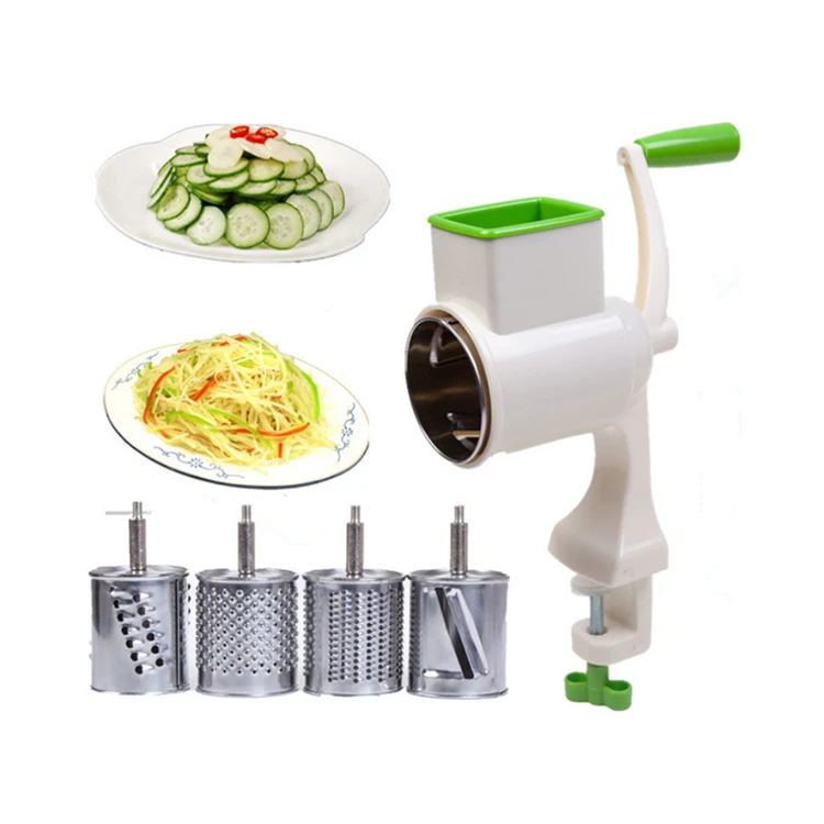 

A1074 Kitchen Rotary Drum Grater Vegetable Cheese Cutter Slicer with 4 Interchanging Stainless Steel Drums Potato Fruit Shredder, White green