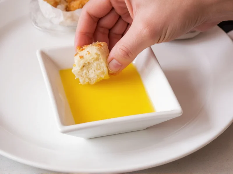 Hand dipping bread slice into egg mixture in shallow dish