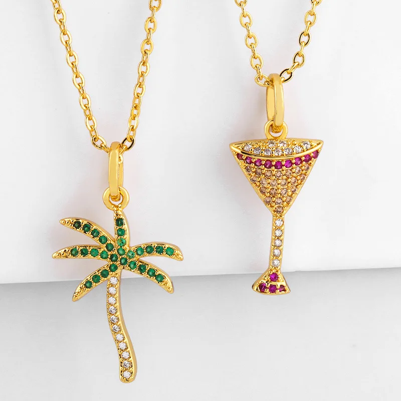 

Jewelry hot-selling personality creative clavicle chain coconut tree pendant colorful diamond necklace necklace wholesale, Gold plated