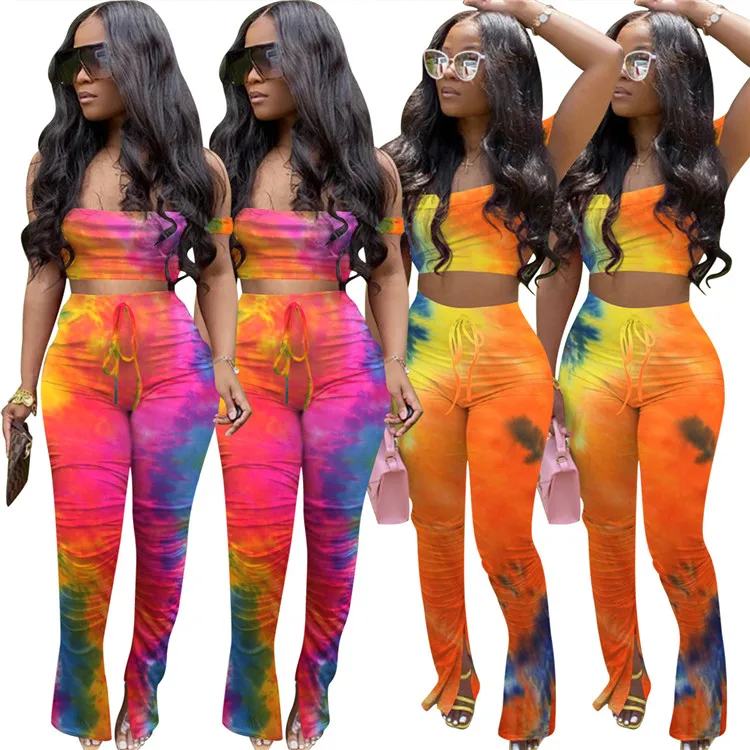 

2021 Women Summer Stacked 2 Piece Set Women Stacked Slit Pants Joggers Womens Tie Dye Stacked Leggings Two Piece Outfits