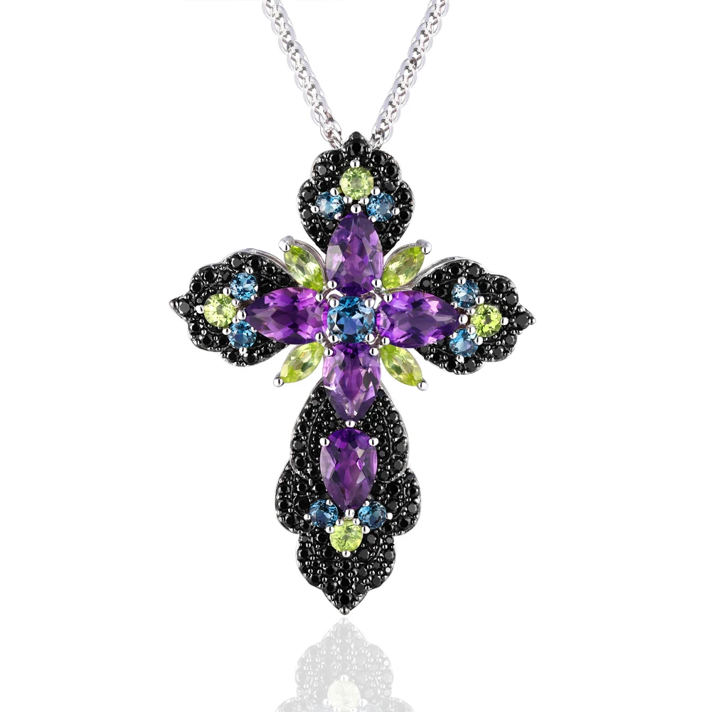 

High Quality Jewelry natural Topaz Amethyst Peridot gem necklace women 925 Sterling Silver Cross Pendant