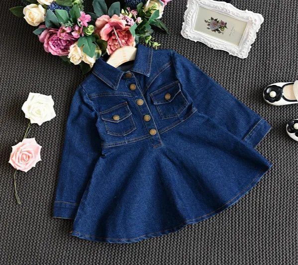 

2020 Autumn New Girls Fashion Denim Dress Children Single-Breasted Girls Dress