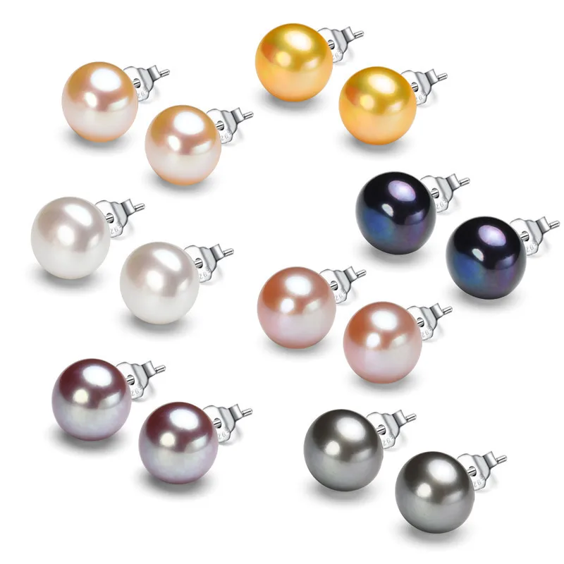 

925 Sterling Silver Real Freshwater Pearl Earrings Button Shape Multicolor Pearl Stud Earrings Women