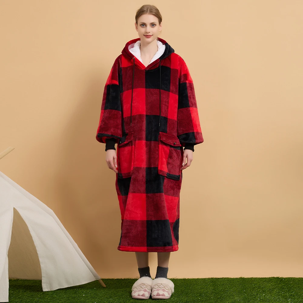 

One Size Oversized Long hoodie blanket winter Keep Warm Home Wearable Blanket Sherpa Fleece TV Blanket for Adult Kids