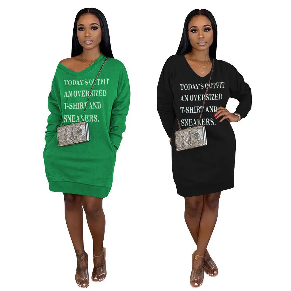 

21215-MX57 v neck letter printed sweatshirt styles casual dresses women sehe fashion