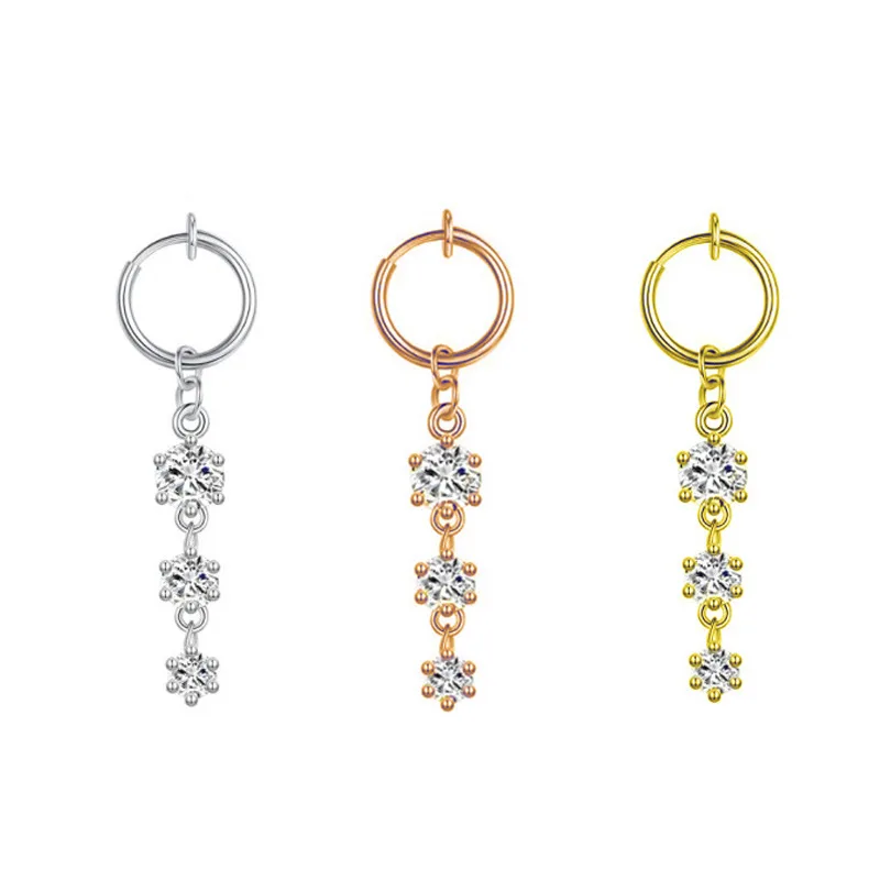 

YICAI Three Zircons Dangling Navel Jewelry Non Piercing Summer Beach Stainless Steel Fake Belly Piercing Jewelry, Silver/gold/rose gold