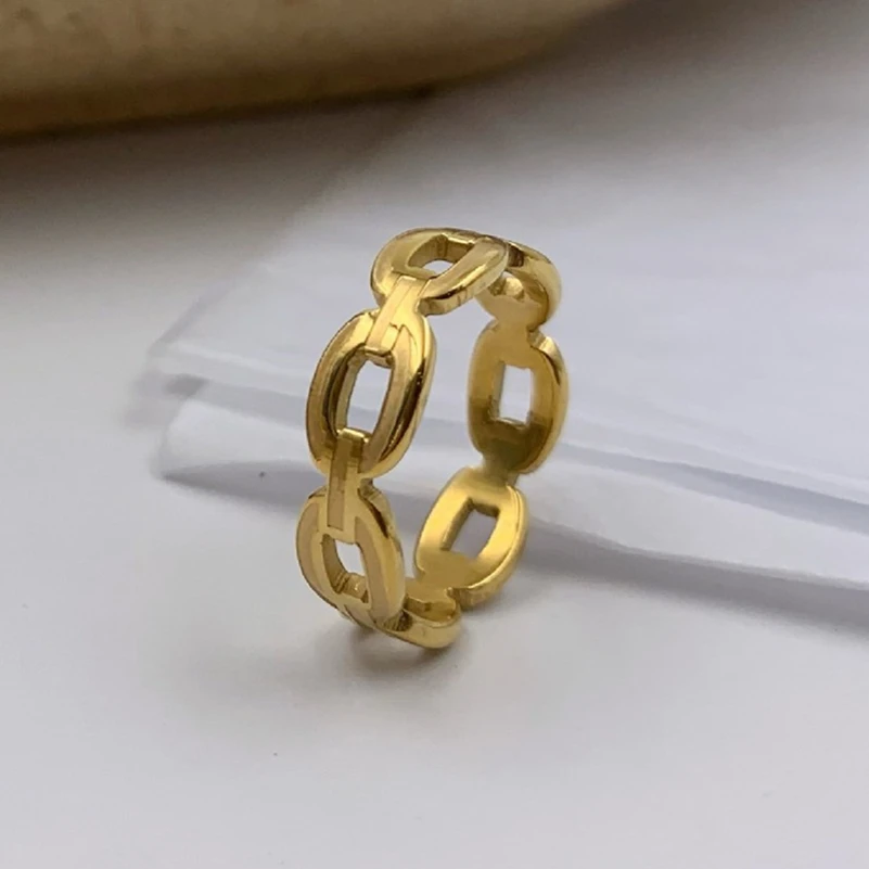 

MICCI Wholesale Women Fashion Jewelry 18K Gold Plated Stainless Steel Hollow Out Paperclip Geometric Ring