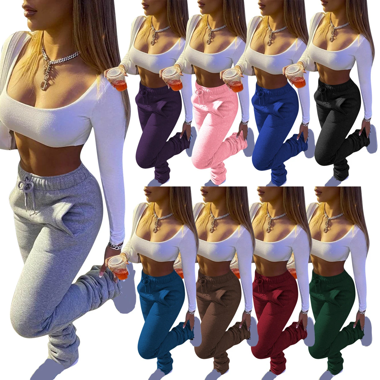 

women stacked sweatpants Sleeveless Solid Ruched Split Trousers Women Clothing Cotton plus size stacked sweatpants women