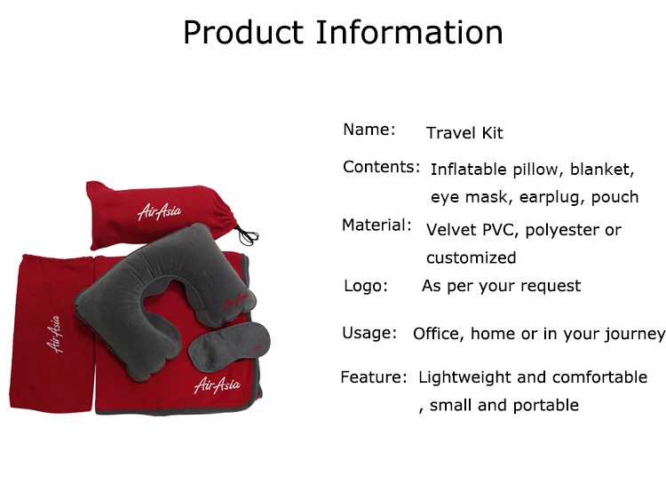 High Performance Inflatable Travel Pillow Set Airasia Airline Blanket