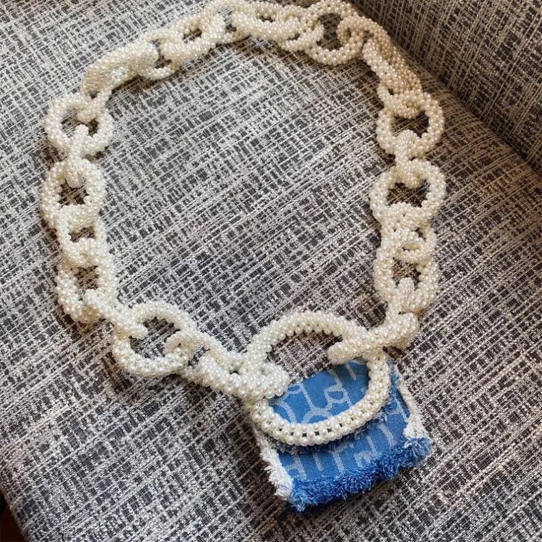 

LEB1263 2020 vintage weaving circle beaded handle mini leather bag women shoulder denim crossbody coral pearl handbags