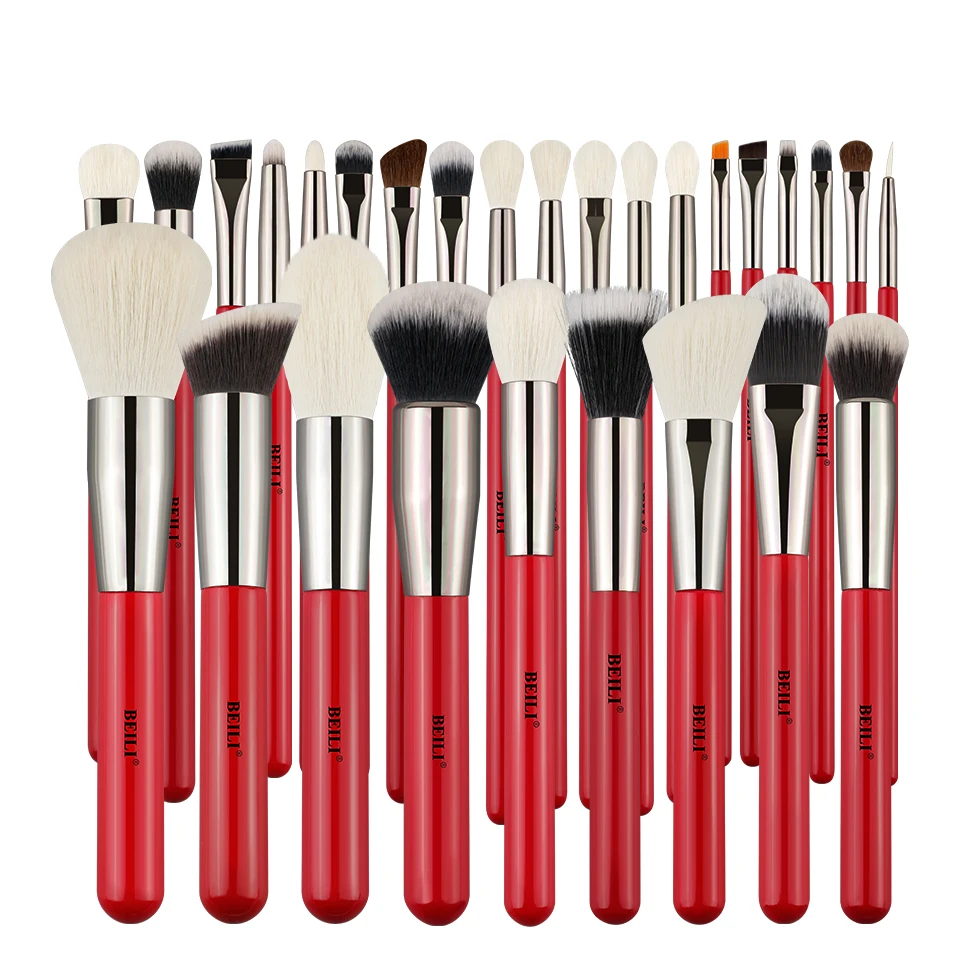 

BEILI high quality synthetic makeup brushes private label red vegan make-up brush set 28pcs goat hair wholesale wooden handle