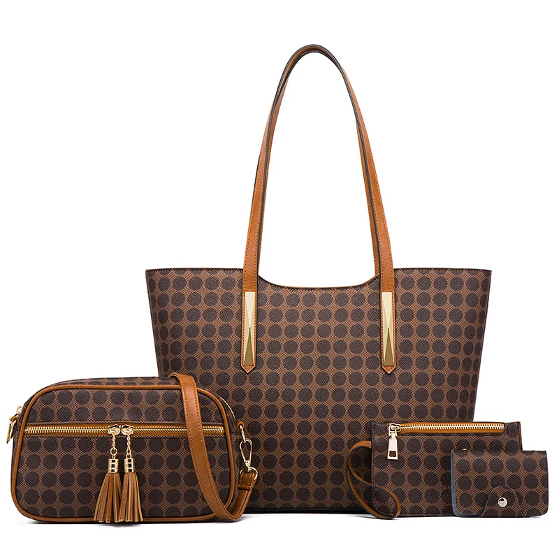

Luxury Women Leather Purses and Handbags Sets Shopping Bag Polka Dot Tote Bag for Women Large-capacity Mother and Child Bag, Dark brown black purple golden