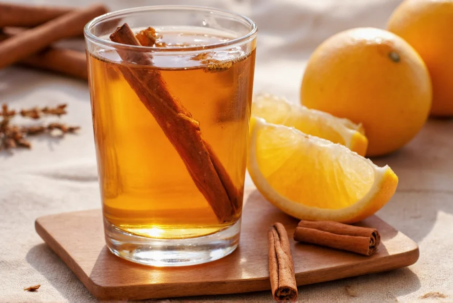 Glass of golden-brown cinnamon water next to a cinnamon stick and fresh citrus slice