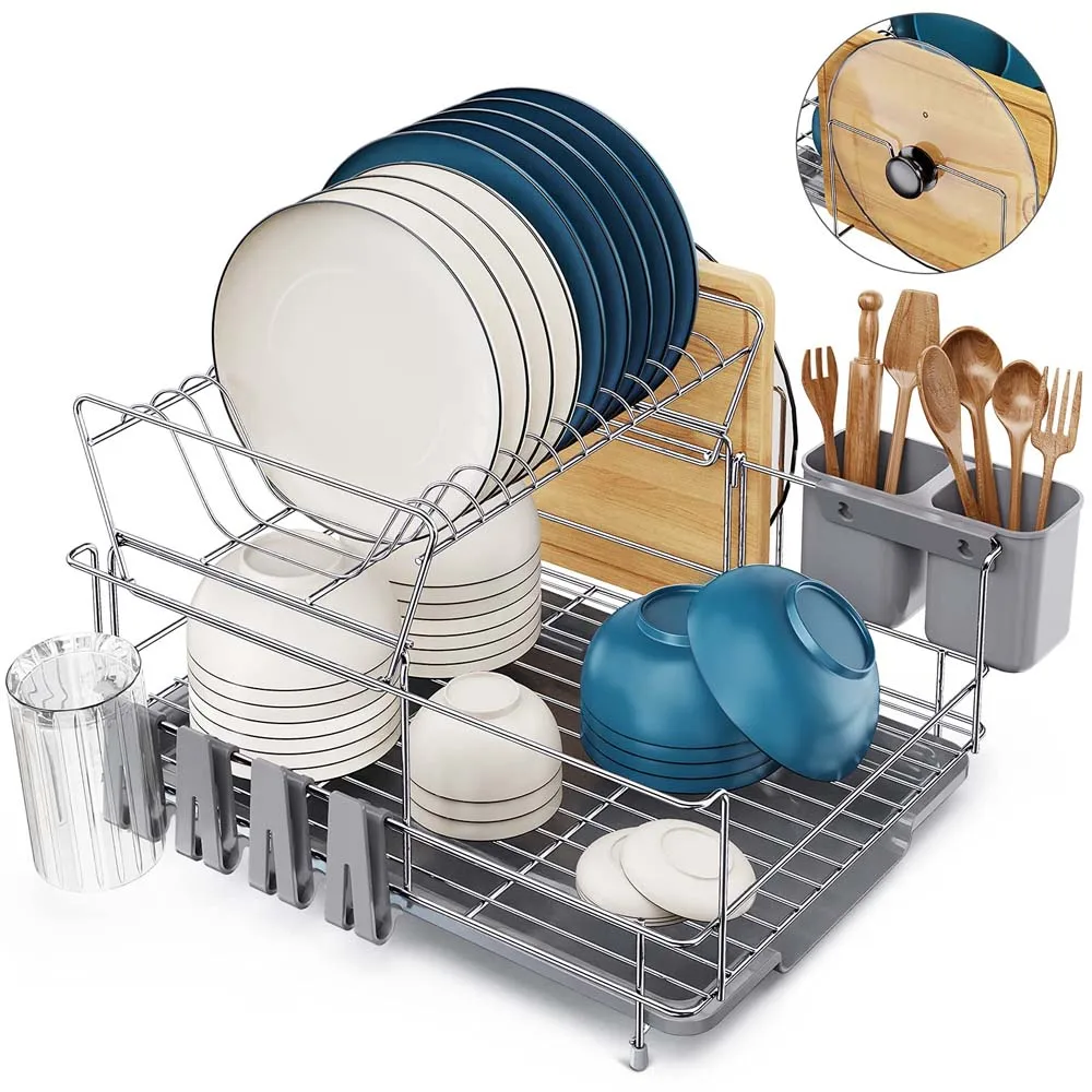 

ORR222 Dish Drying Rack 2 Tier Compact Kitchen Dish Rack and Drainboard Set With Utensil Cup Cutting Board Holder, Silver