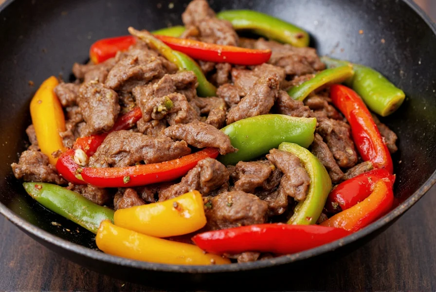 Authentic Chinese pepper beef stir-fry in wok with vibrant bell peppers and tender beef slices