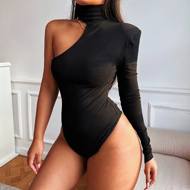 

New style rib fabric women's long sleeve bodysuit tops solid black knitted bodysuits for women