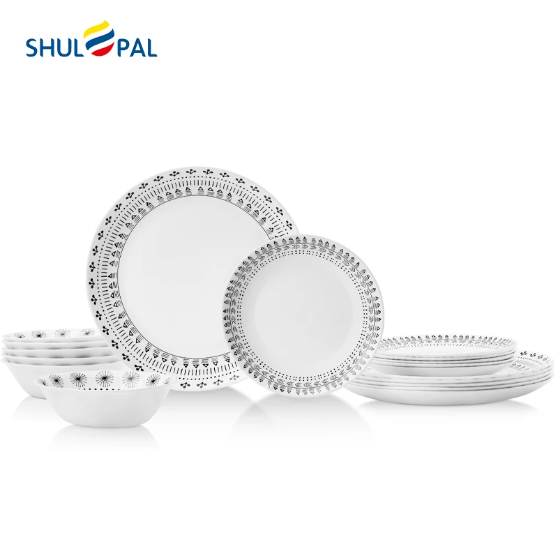 

Modern Luxury Opalware Dinnerware Set 18Pcs Flat Plate Bowl Set with Vintage Design