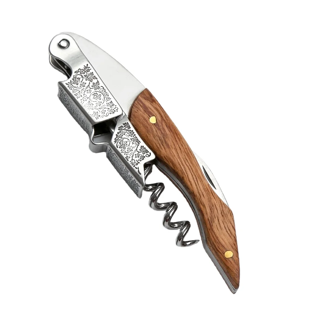

All-in-one Corkscrew Bottle Opener and Foil Cutter Rosewood Handle Professional Waiter Corkscrew Red Wine Bottle Opener, Silver