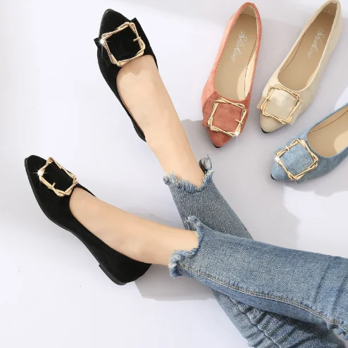 

New pointed toe metal square buckle ladies flat shoes 996, Black, pink, beige, blue