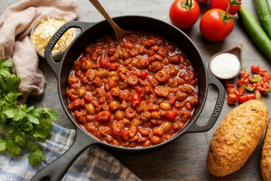 Quick chili recipe in cast iron pot with ingredients arranged around it
