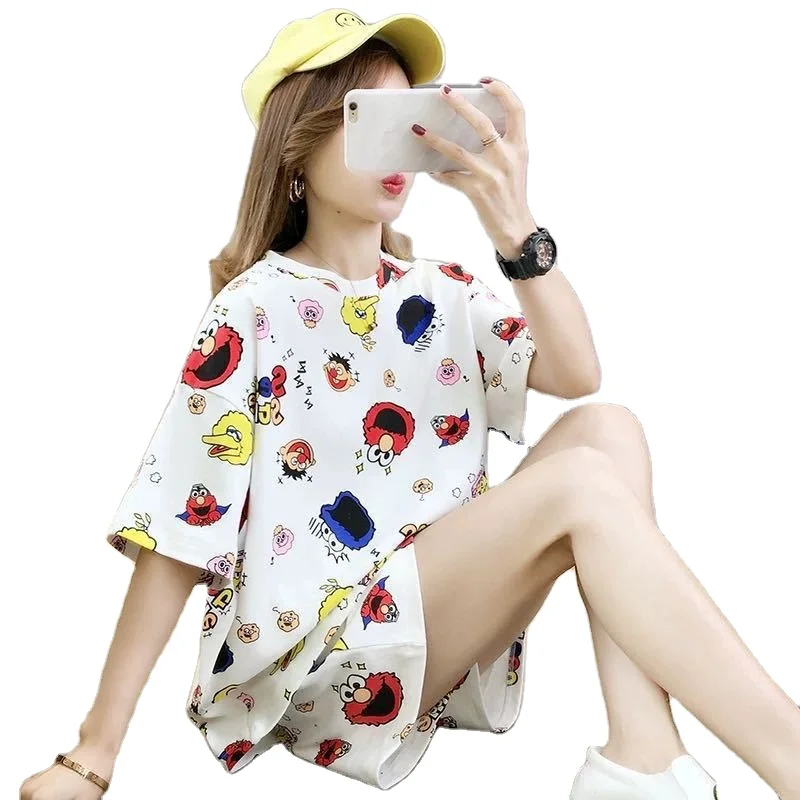 

Special short sleeve shorts round collar thin cute cartoon students big size spring and summer pajamas ladies home suit