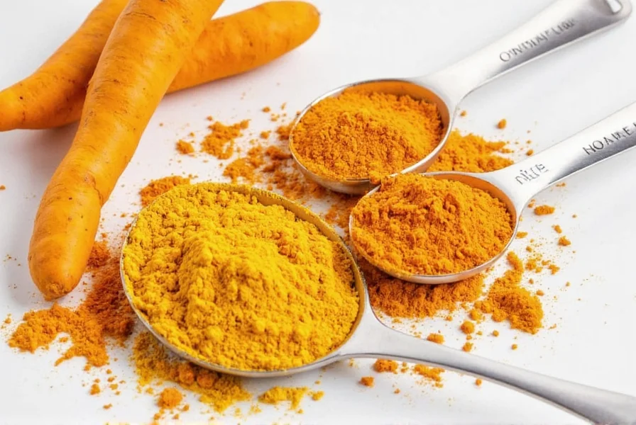 Turmeric root and powder with measuring spoons showing standard culinary dosage measurements