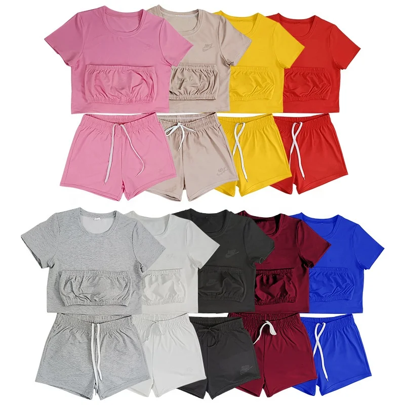 

QC-2167nk Big brand tracksuit set hot sale bra and t shirts and shorts 3 pieces women shorts sets cotton