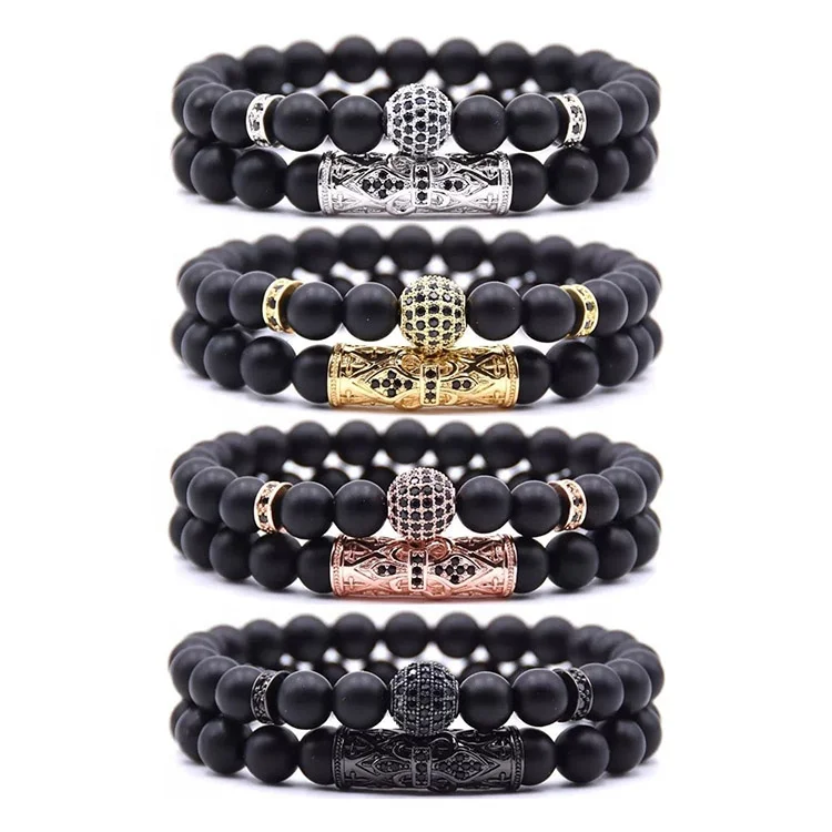 

Men's Luxury 2Pcs/Set Gold Crown Black onyx beads Bracelet Bangle CZ Ball Braided Men Bracelet 4 Color Charm Bracelet Set
