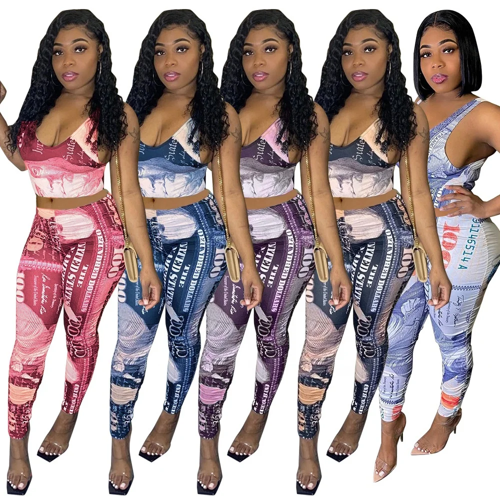 

2021 New Fashion 2 Piece Pants Set Women Tracksuits Dollars Print Crop Top Women Pants Set Two Piece Dresses summer