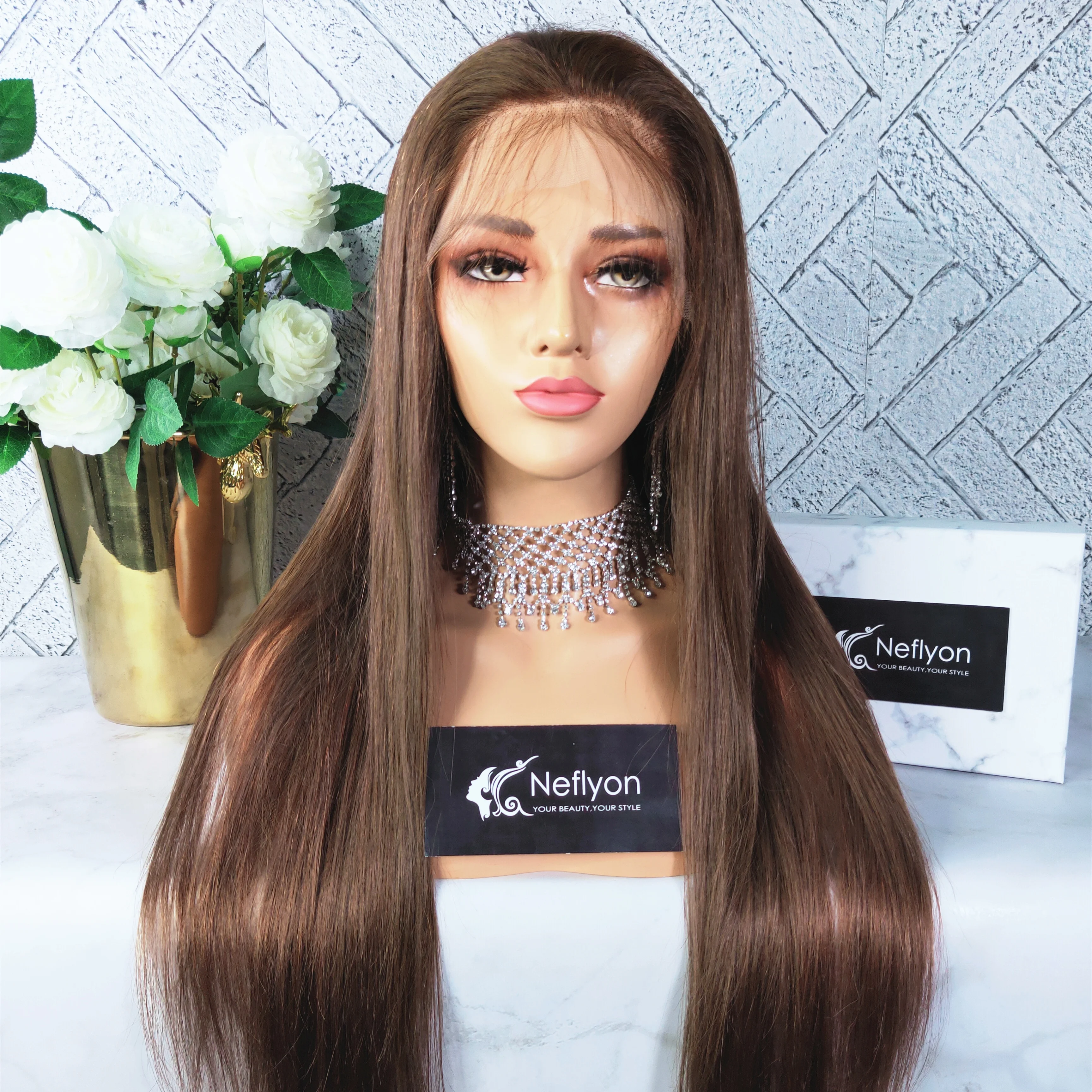 

Top quality virgin hair HD lace front wig color 4 medium brown straight 150% front lace wigs Brazilian hair HD lace wigs