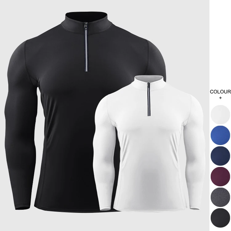 

Running Tights Men Long Sleeve Sweatshirts Gym Sports T Shirts High Elastic Stand Collar with Quarter Zip Pullover Shirts, Customized color