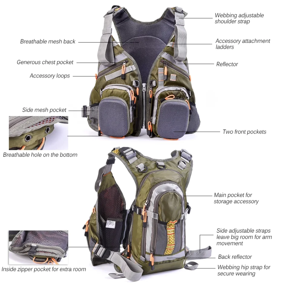 Multi-pocket Fly Fishing Vest Backpack Chest Mesh Bag Adjustable Fishing Vest 