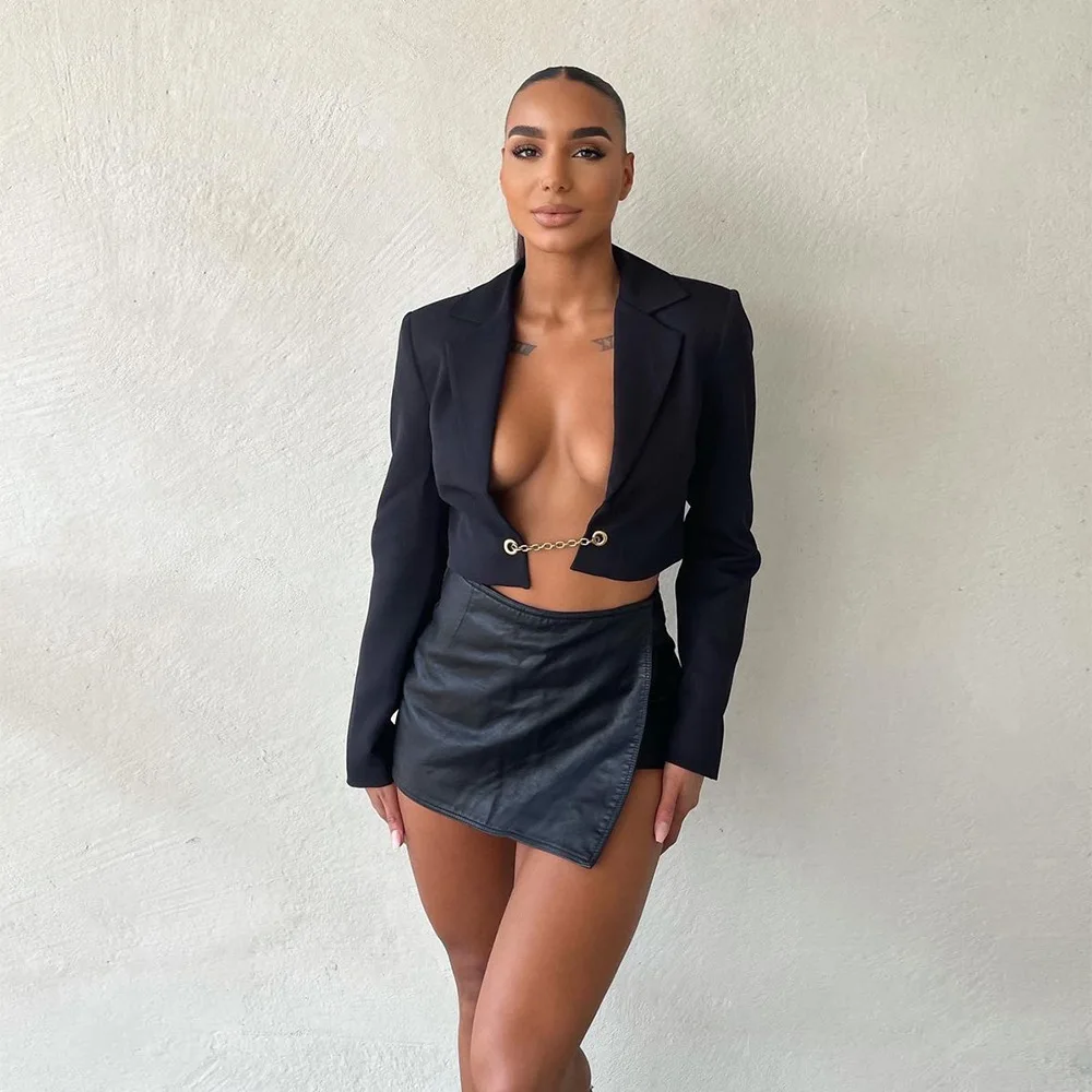 

Genuine Sale Women Short Blazer Dress With Chain Crop Top Solid Color Fashion Formal Blazer, Black green nude
