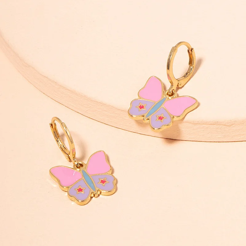 

2022 New Designed Real Gold Plated Oil Drip Butterfly Drop Earrings Vintage Enamel Butterfly Shape Earrings For Girls