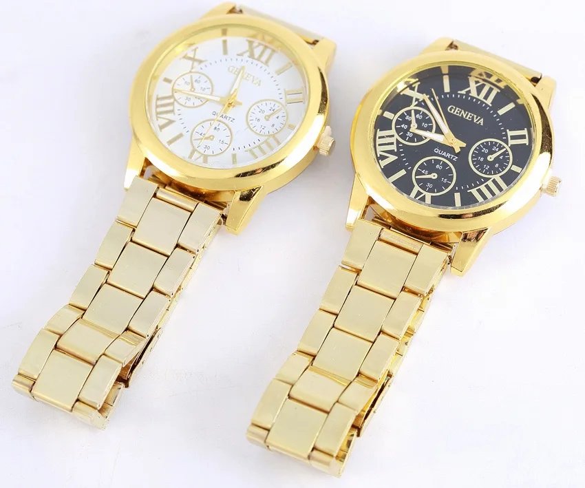 

Hot Luxury Geneva Fashion Men Watches Gold Stainless Steel Roman Numerals Analog Quartz Wrist Watches, 2 colors