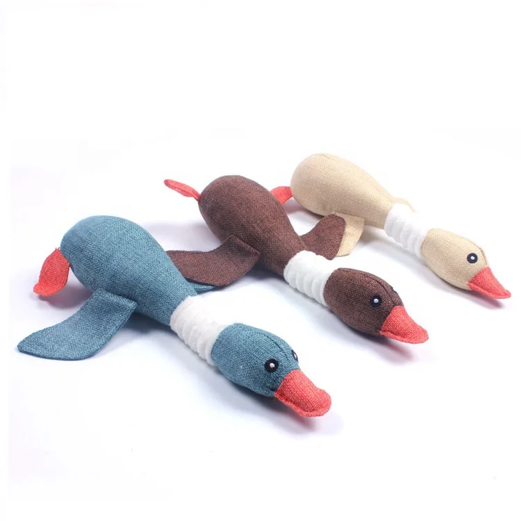 

Linen Duck Dog Toy Chew Toys for Pets 12" Long Squeaky Toy Duck Treats for Dogs Blue Beige Brown Colors