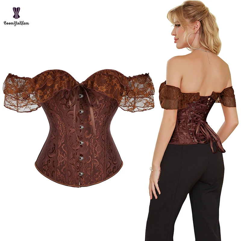 

Brown Steam Punk Gothic Korsett Women Black Off Shoulder Cross Crop Top Corset Plus Size 6 Buckle Chest Binder Bustier