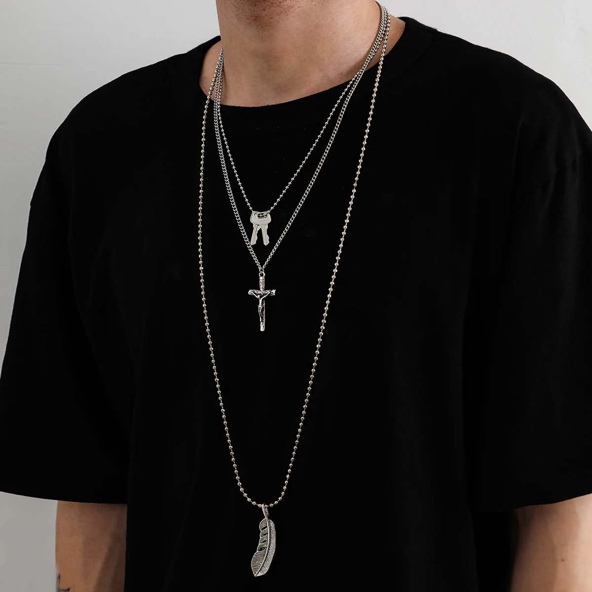 

Vintage trendy Alloy Thin Long men's unisex multi strand cross Jewelry fancy boyfriend gift necklace sets