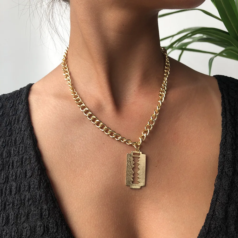 

2021 Hip Hop Jewelry Punk Rock Paperclip Link Chain Blade Necklace Biker Blade Pendant Necklace