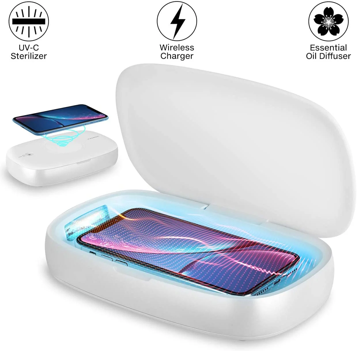 

2020 hot sell uv led smart box wireless charging uv light sanitize box, White