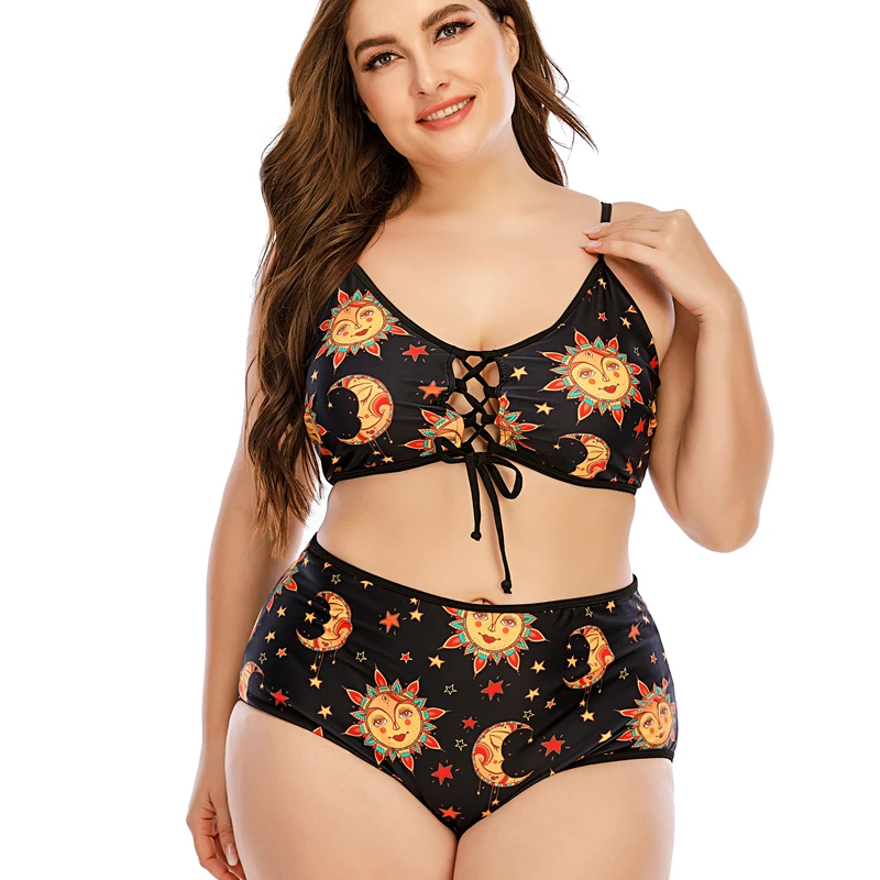 

Women Cute Sun Star Moon High Waisted Bikini Set Lace Up Two Piece Swimsuit Ladies Bathing Suit Casual Summer Beach Wear