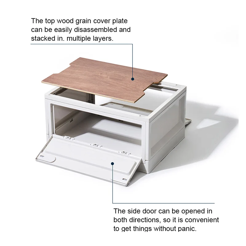 

2022New Side Door Nordisk ECO Friendly PP Car Trunk Plastic Outdoor Kitchen Foldable Camping Organizer Storage Box With Wood Lid, White