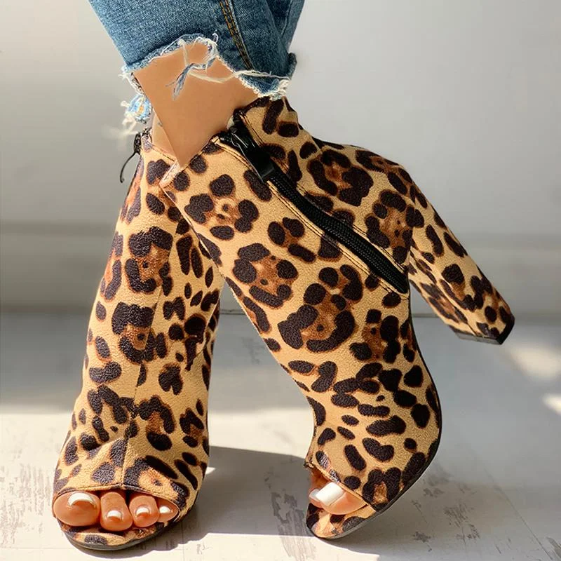 

Mixed Color Leopard Print Round Peep Toe Women Ankle Boots Solid Side Zipper Chunky High Heel Short Booties For Ladies Big Size, Green,leopard,snake