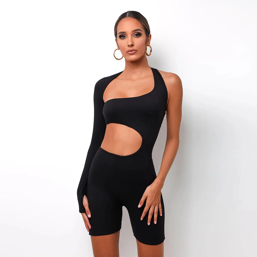 

2021 Casual Asymmetrical Two Piece Sets Women Tracksuit Crop Tops+Elastic Bike Shorts Sporty Matching Suits, Black