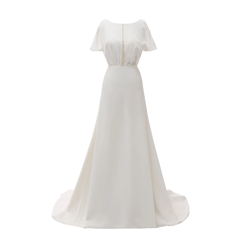 

100% Real Photos A-Line Satin Simple Bateau Short sleeve Sheath Column Bridal Wedding Gown with Pearl Beaded, Ivory