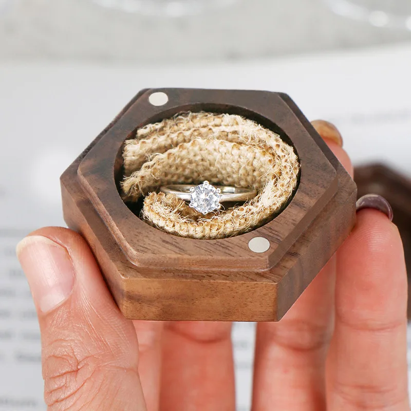 

Factory Directly Provide portable magnetic custom wood ring bearer box wooden hexagon ring box